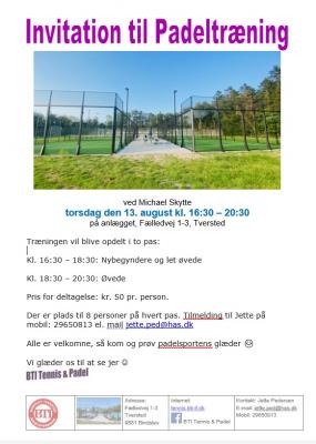 Invitation til padeltræning 13. august 