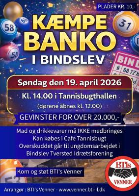 KÆMPE BANKO SPIL I BINDSLEV 19 APRIL 2026 i TANNISBUGTHALLEN