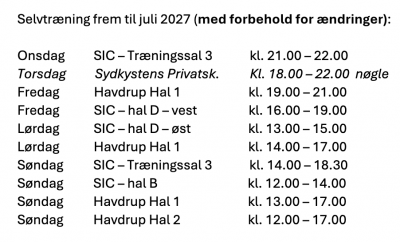 Selvtræningstider 2026/2027 